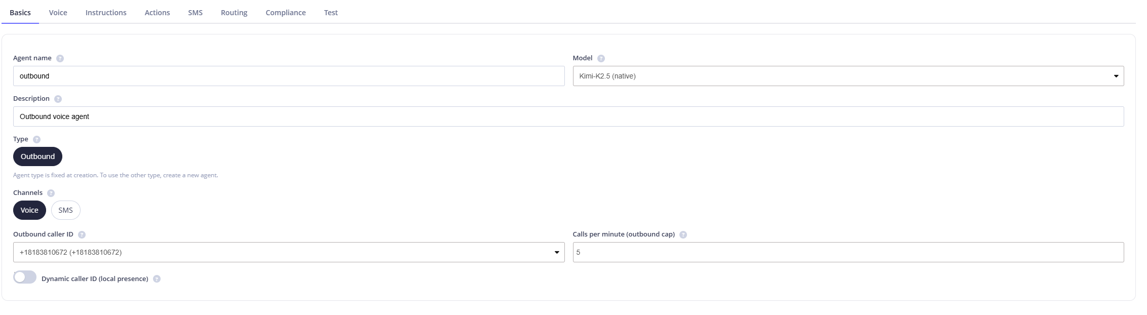 Outbound AI voice agent configuration with model, type, channels and caller ID