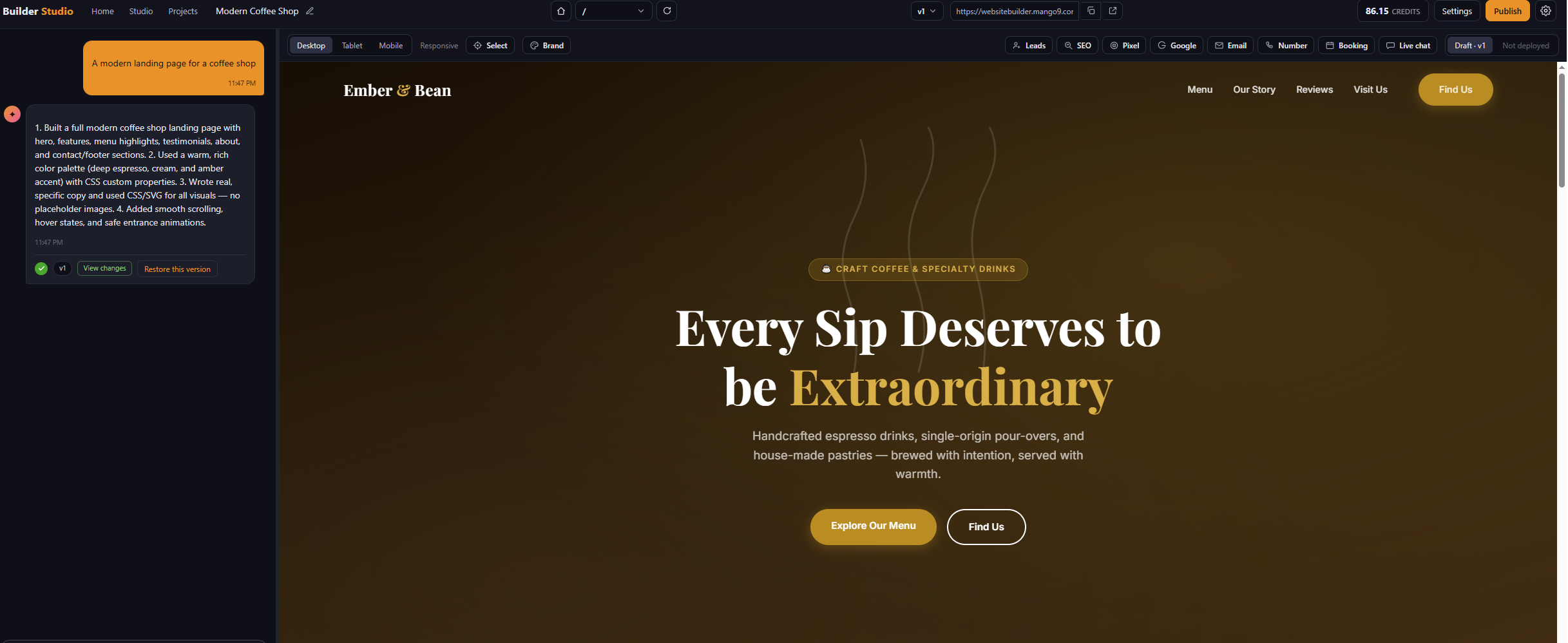 AI-generated Ember & Bean coffee shop landing page built from a prompt in Mango9 Builder Studio