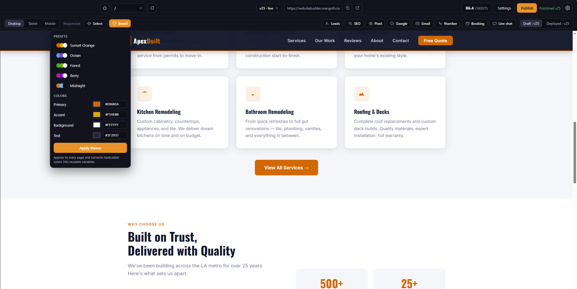 Mango9 website builder live editor with brand theme panel and inline editing