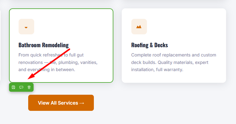 Inline edit controls on a website builder service card, letting you tell the AI what to change or edit text directly