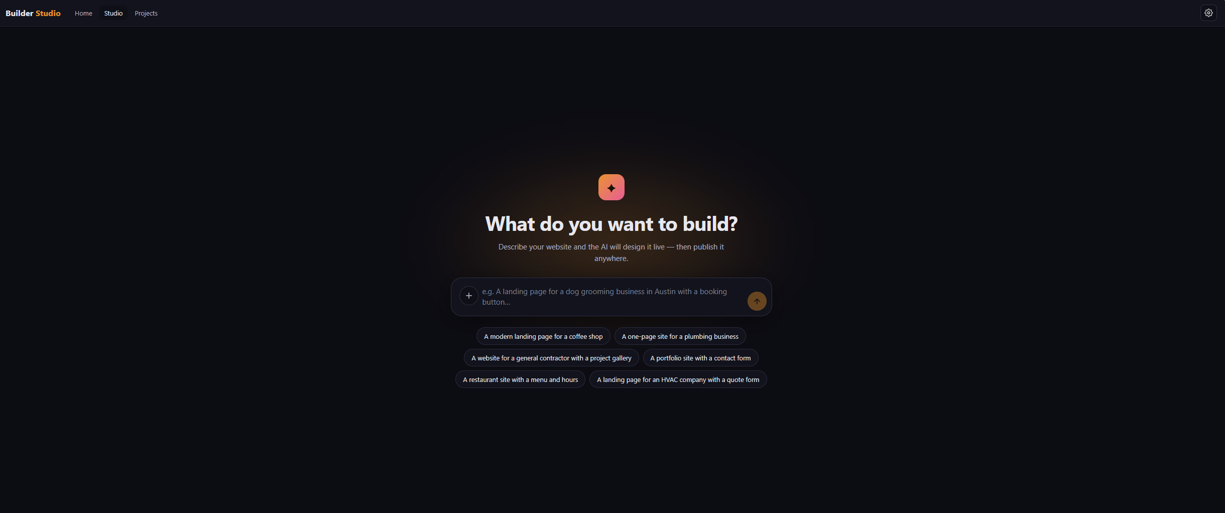 Mango9 AI website builder studio prompt screen