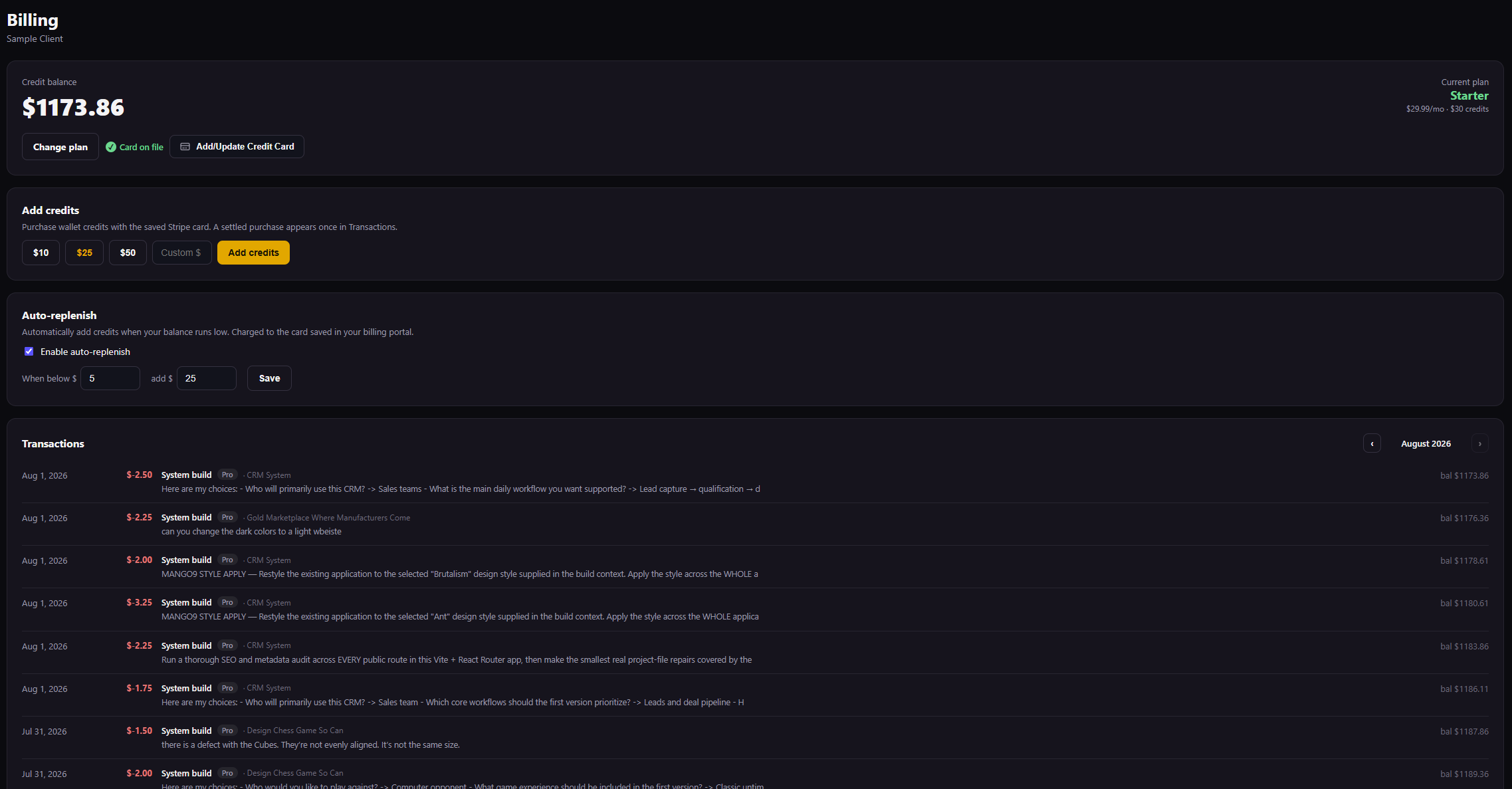 Billing page with wallet balance, plan, saved card, credit purchase, auto-replenish, and transactions