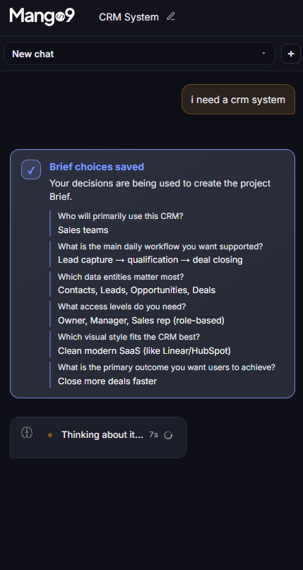A completed project brief card showing the user's choices