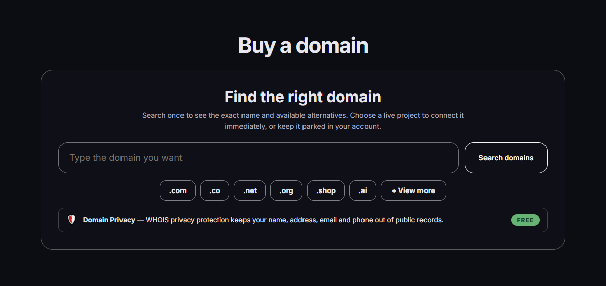 Buy a domain page with search, extension shortcuts, View more, and free domain privacy
