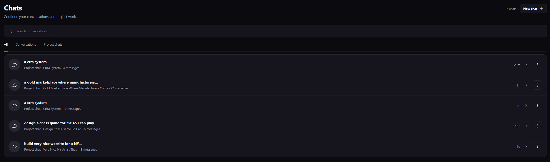 Chats page with search, filters, New chat, and saved conversation rows