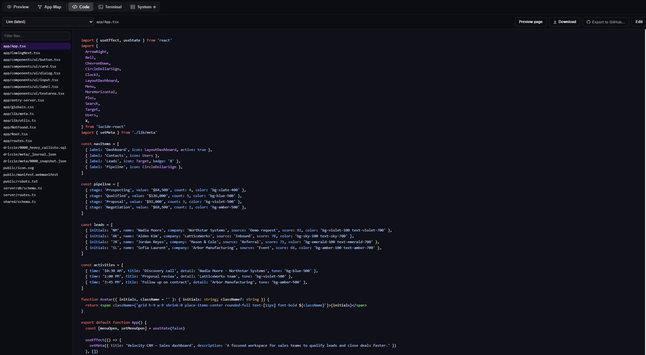 Code view with file list, live version selector, source viewer, Preview page, Download, Export to GitHub, and Edit