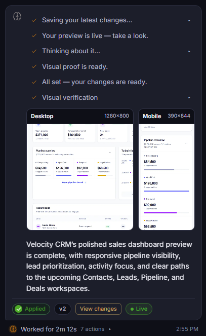 Mango9 completion card showing visual proof, Applied, version, View changes, and Live controls