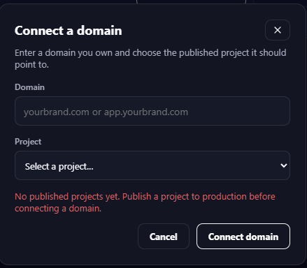 Connect a domain dialog showing that no published project is available yet