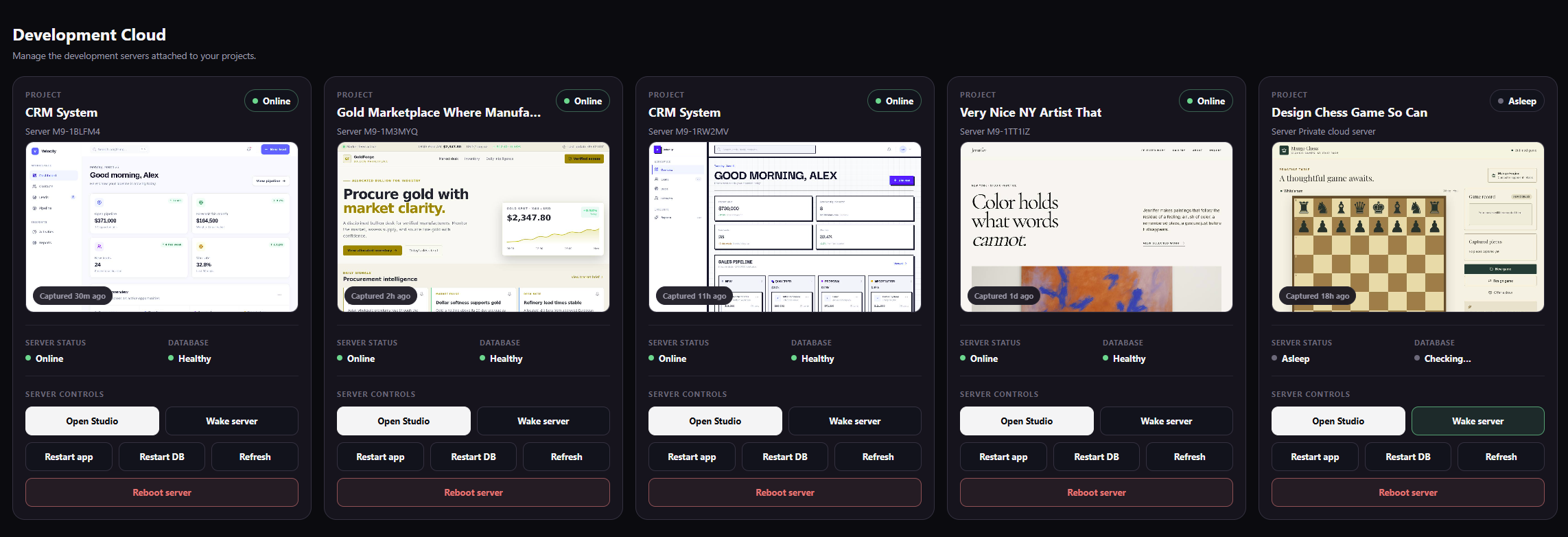 Development Cloud with online and sleeping project servers and server controls