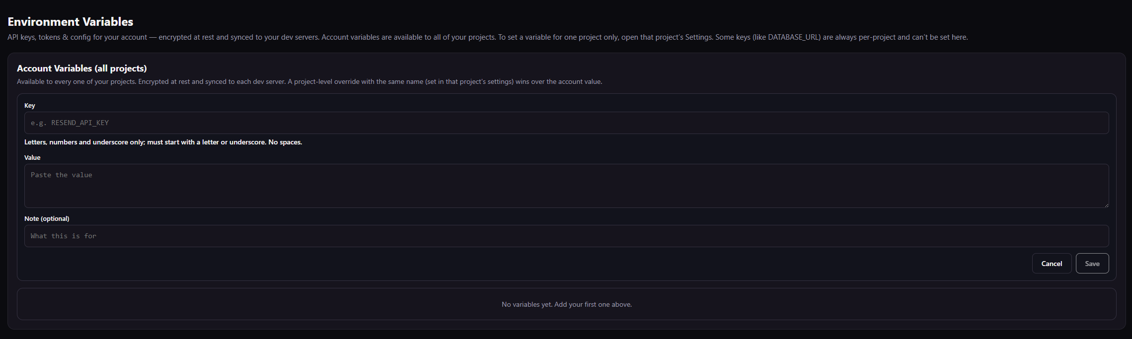 Environment Variables page with key, value, note, Save, and account-wide scope
