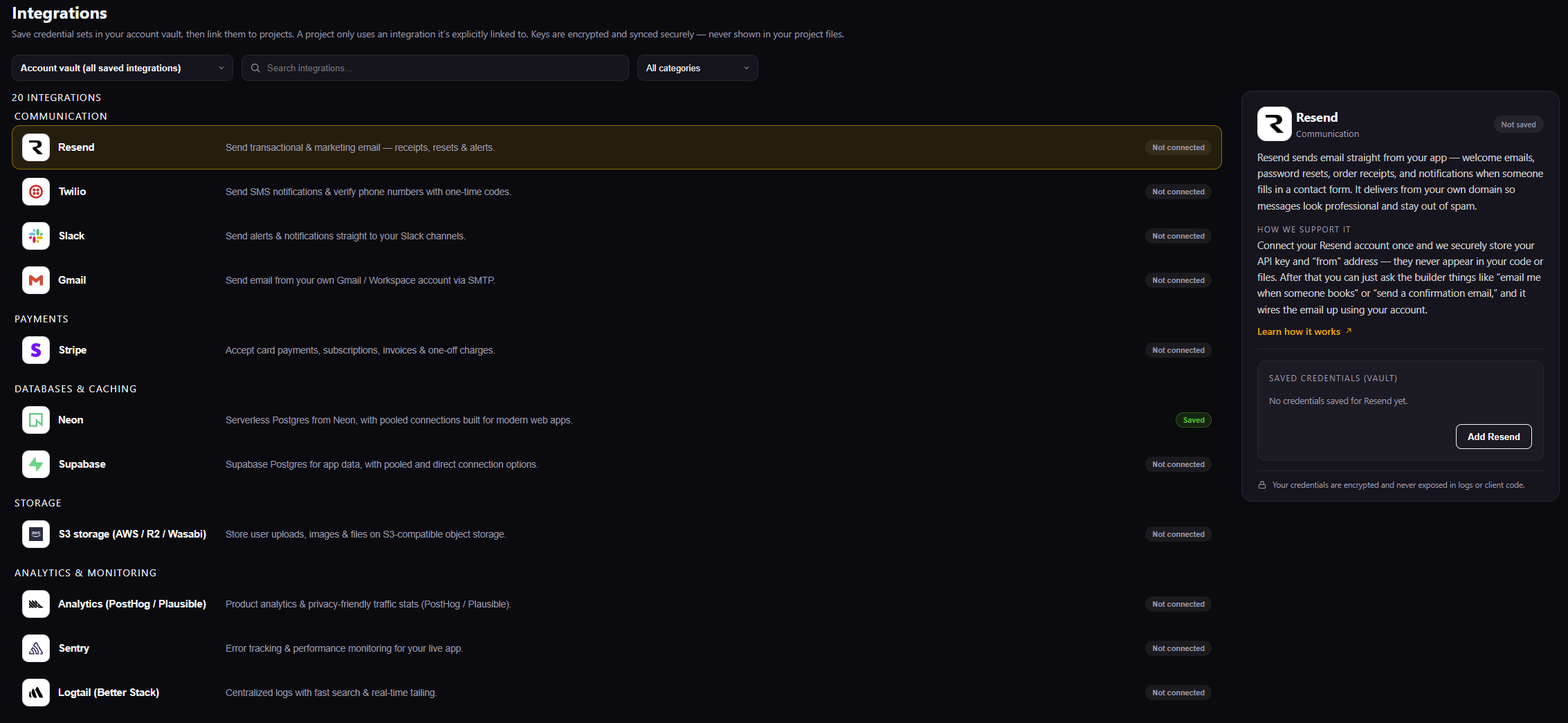 Integrations catalog with communication, payment, database, storage, analytics, and monitoring services
