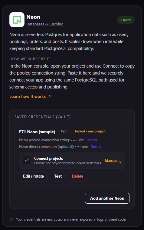 Saved Neon credential with Connect projects, Manage, Edit or rotate, Test, and Delete controls