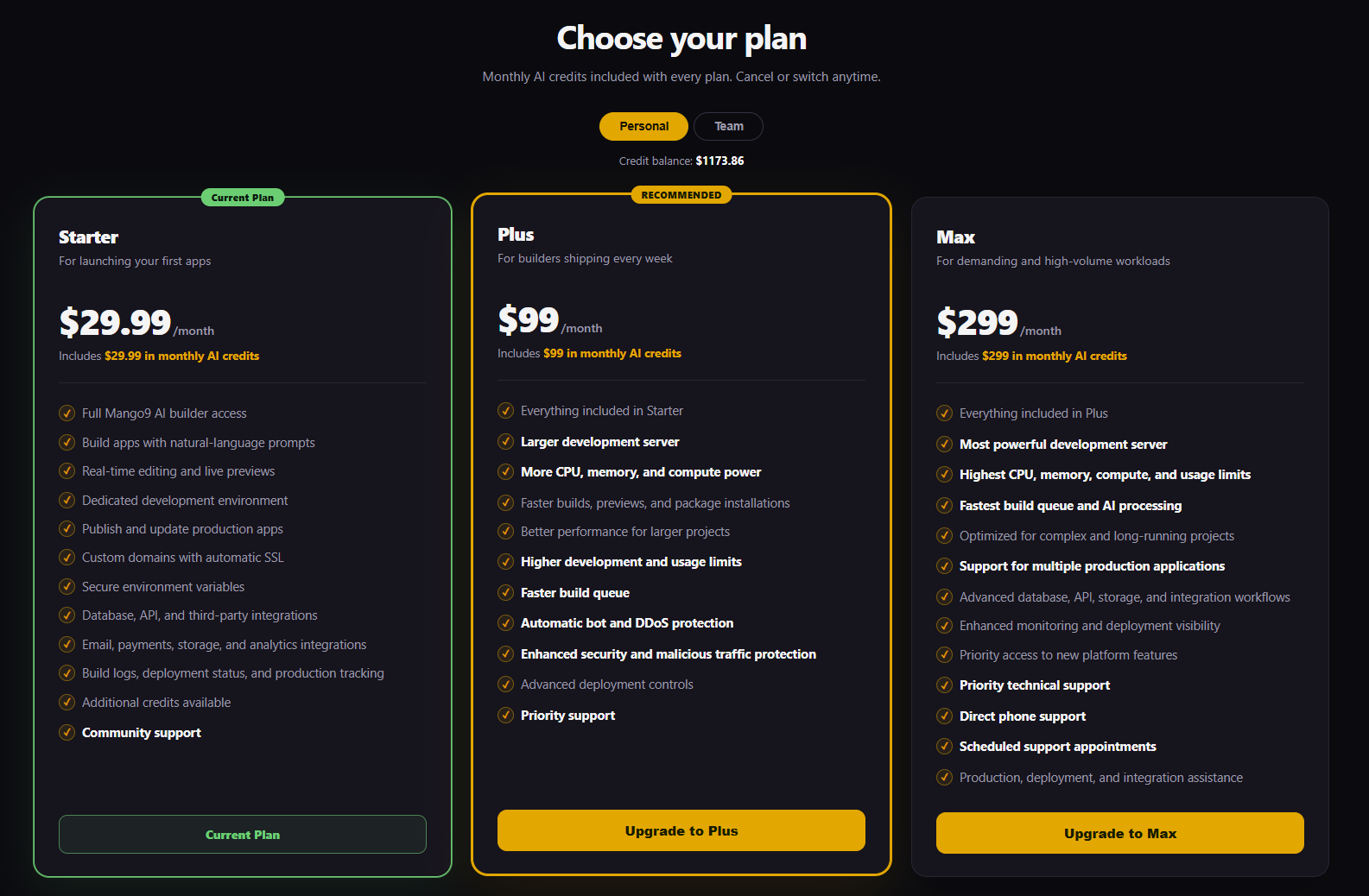 Personal Starter, Plus, and Max plan comparison