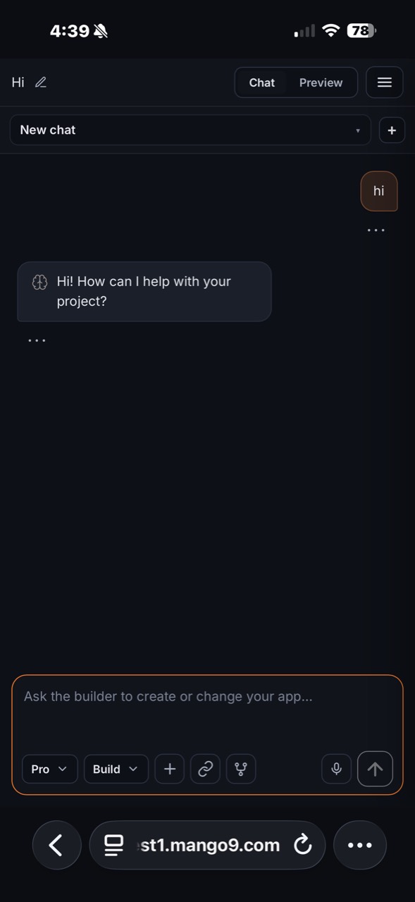 Mobile project Chat with the project header, Chat and Preview tabs, and composer