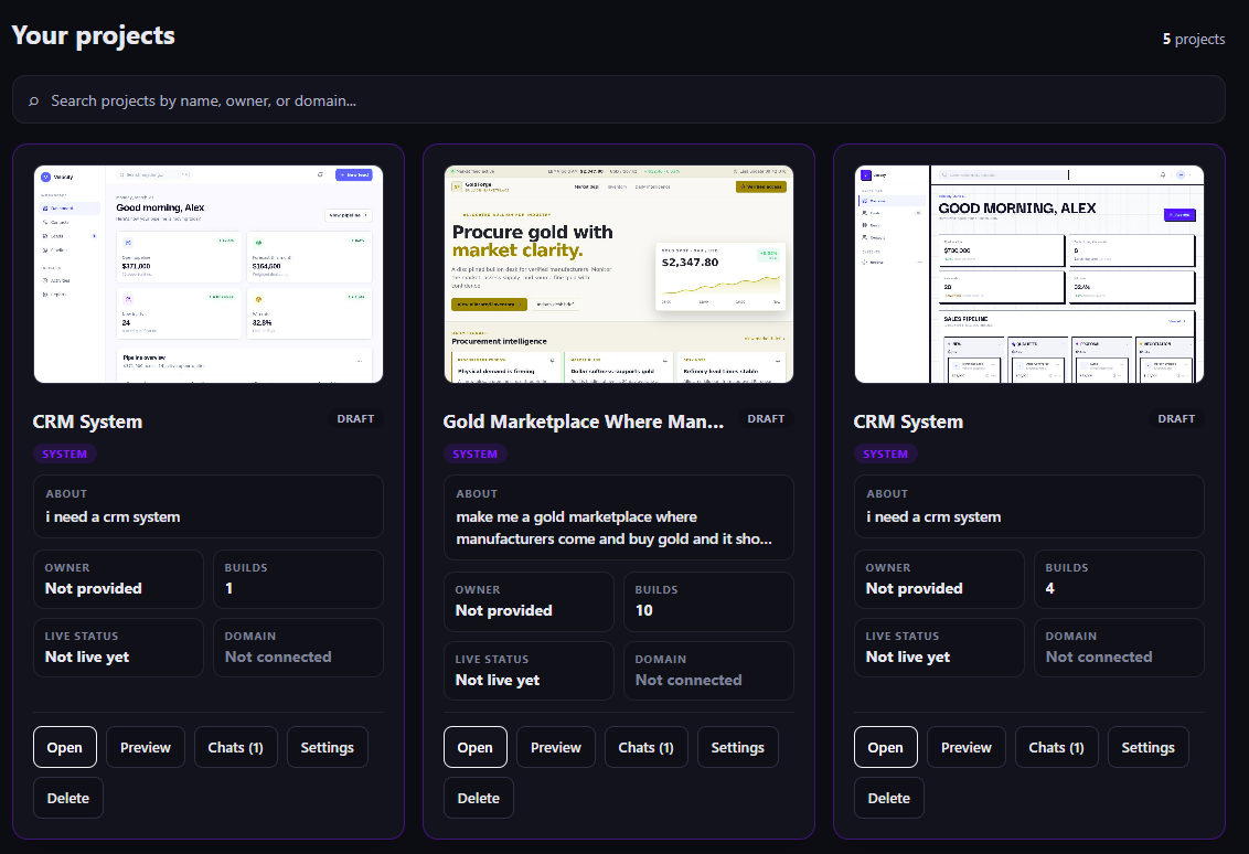 Project cards with preview, status, builds, domain, and action buttons