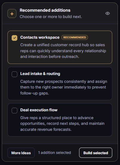 Recommended additions card with selectable ideas, More Ideas, Build selected, and eye controls