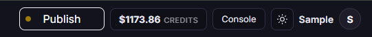 Studio header with Publish, credits, Console, theme, and account shortcuts