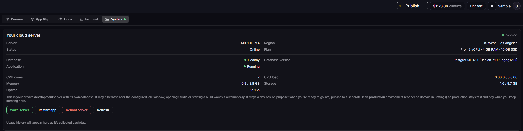 System view with cloud server status, database health, resources, and maintenance controls