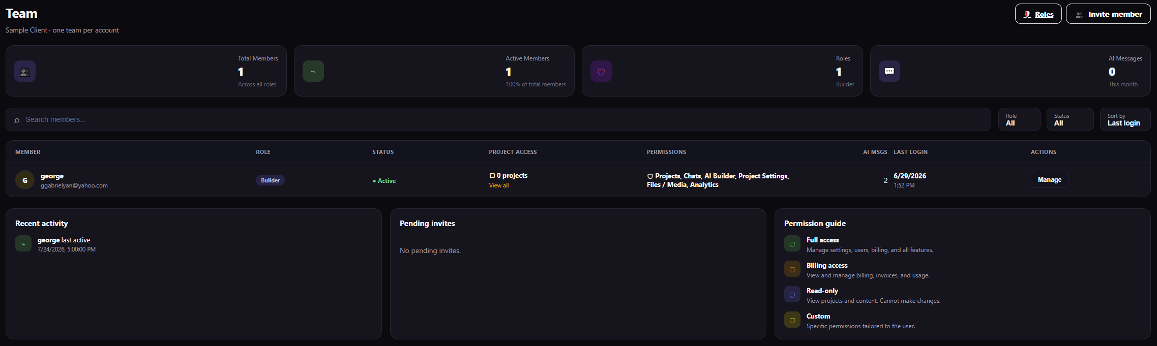 Team page with member totals, roles, project access, permissions, invite controls, and permission guide